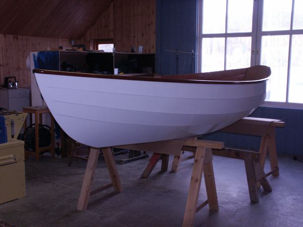 Clinker bow of wooden dinky dory from Fyne